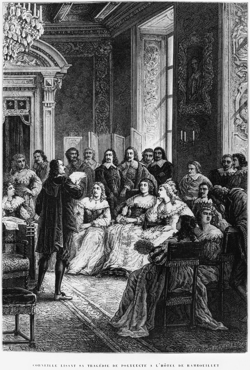 Pierre Corneille (1606-84) leest Polyeucte in het Hotel de Rambouillet, ca. 1880 door French School