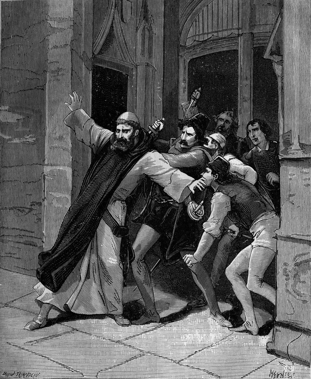 Pietro Paolo Sarpi, bekend als Fra Paolo, van de Orde van de Servieten van Maria (1552-1623) Venetiaanse historicus gewond door moordenaars op 5 oktober 1607 in Venetië. door French School
