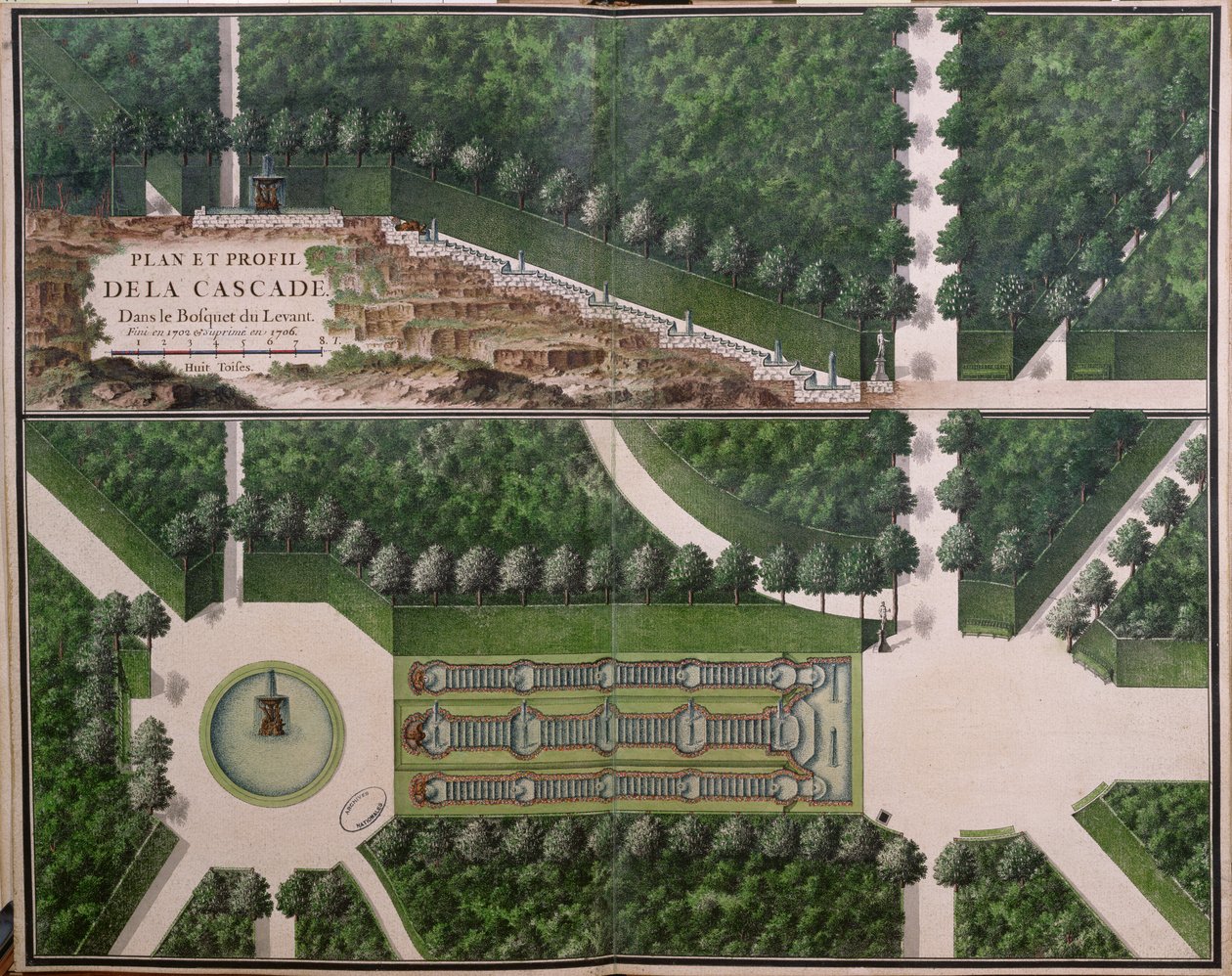 Plattegrond en doorsnede van de waterval in het bos van de Levant, uit Tuinen van Marly, begin 18e eeuw door French School