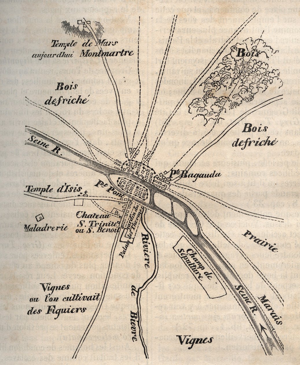 Plan van Parijs onder de Merovingen - Gravure in 