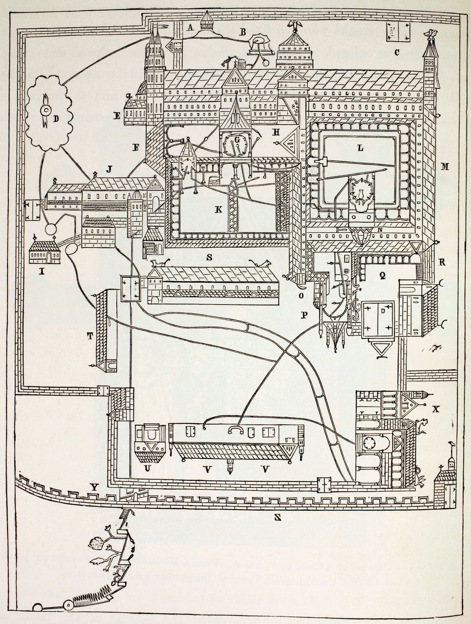 Plan van het Benedictijnenklooster in Canterbury in de 12e eeuw, uit Militair en Religieus Leven in de Middeleeuwen door Paul Lacroix, gepubliceerd in Londen ca. 1880 door French School