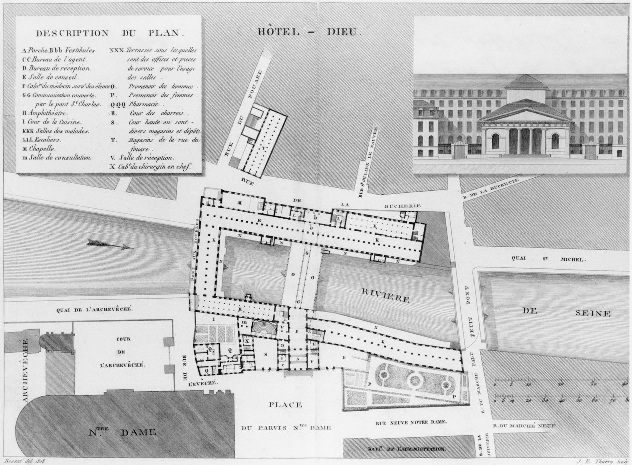 Plan van het Hotel-Dieu, Parijs, illustratie uit Description des Hopitaux de Paris, gegraveerd door Jacques Etienne Thierry (1750-1832) naar Bessat, 1808 door French School