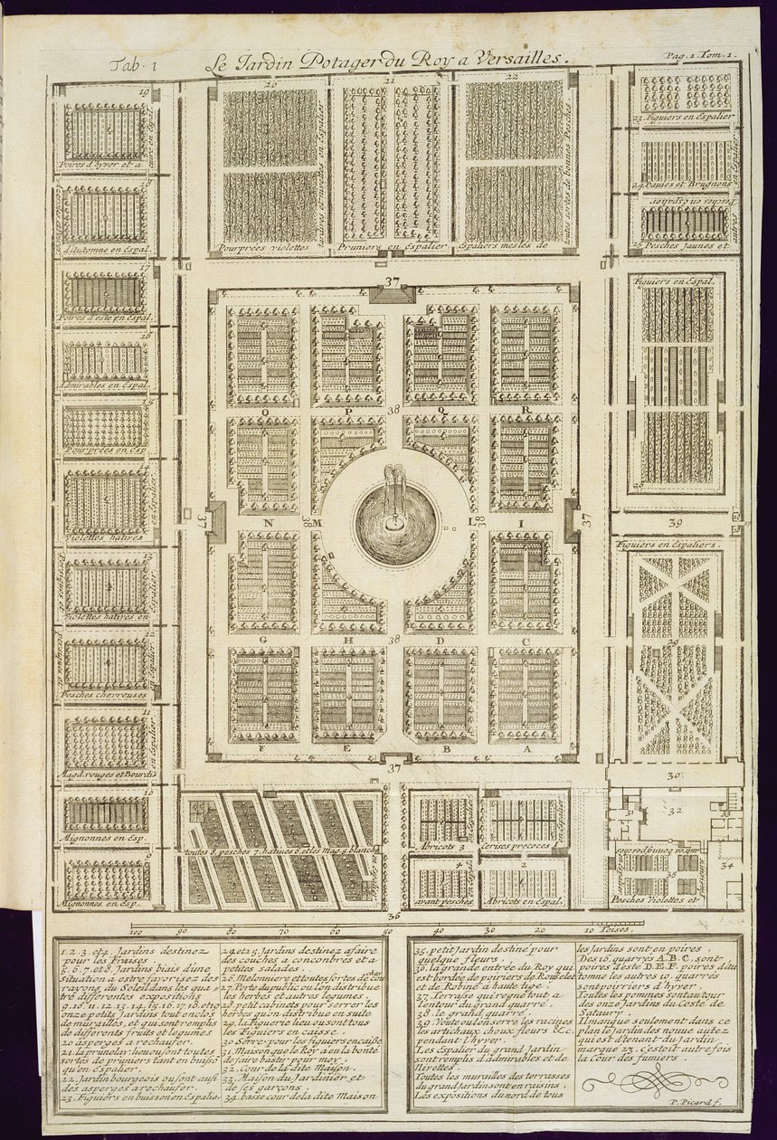 Plan van de koninklijke moestuinen bij Versailles, uit Le Parfait Jardinier, ou Instruction pour les Jardins Fruitiers et Potager, door Jean de la Quintinye, gepubliceerd in 1695 door French School