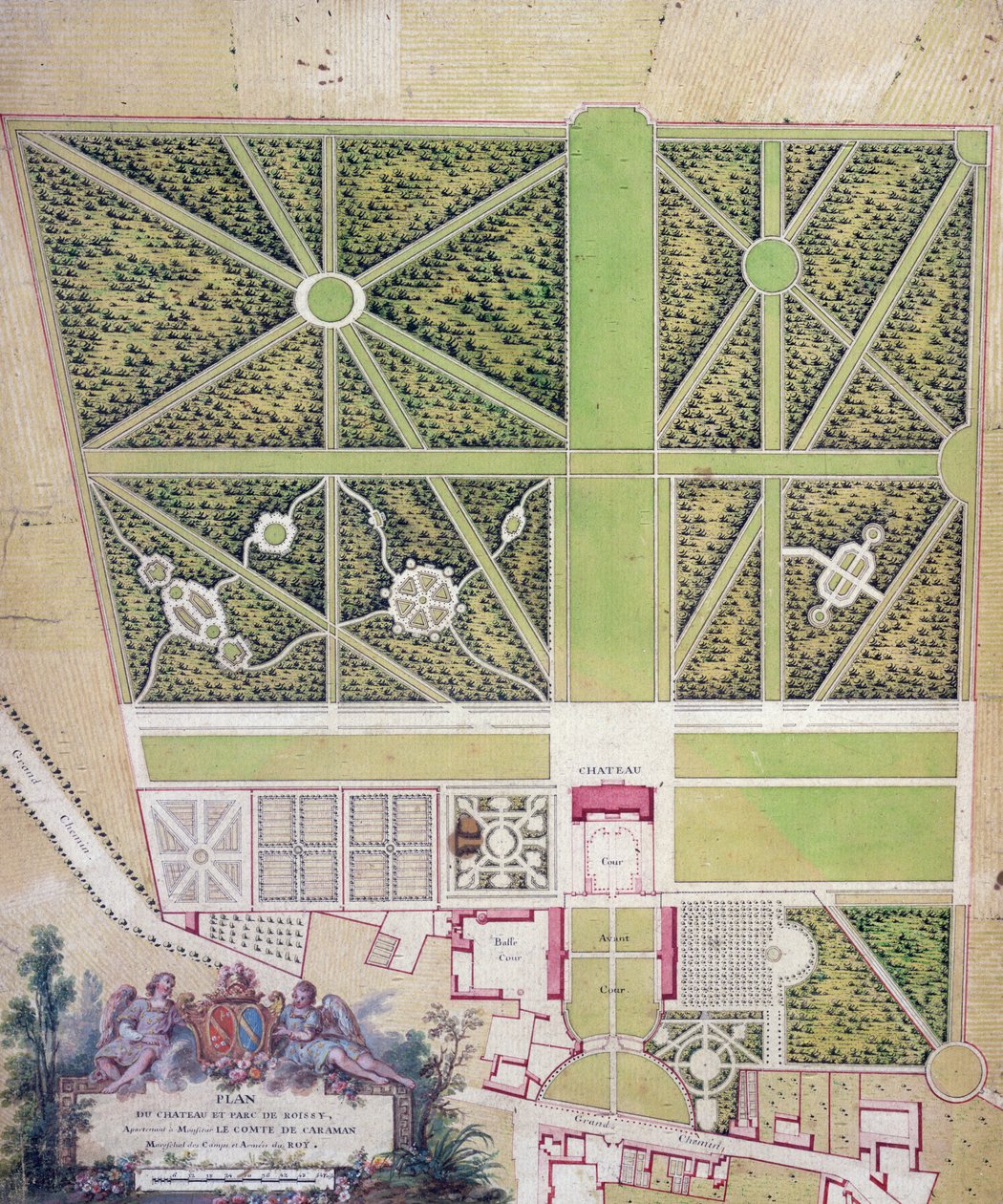 Plan van het kasteel en park in Roissy, behorend tot de Graaf van Caraman door French School