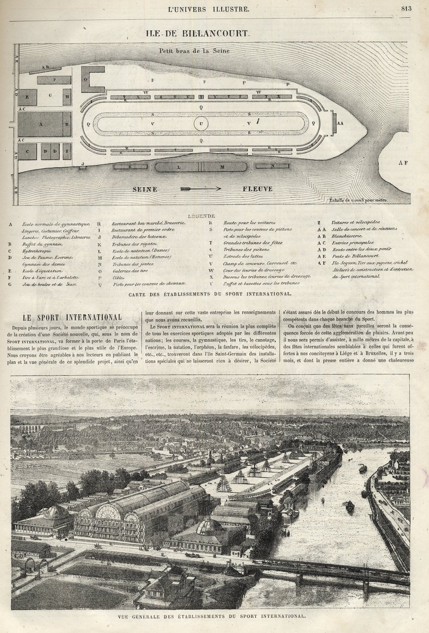 Plan van de oprichting van de Internationale Sport, die in 1869 op het eiland Billancourt moet worden gebouwd - algemeen overzicht van de vestigingen van internationale sport op het eiland Billancourt in 1869 door French School