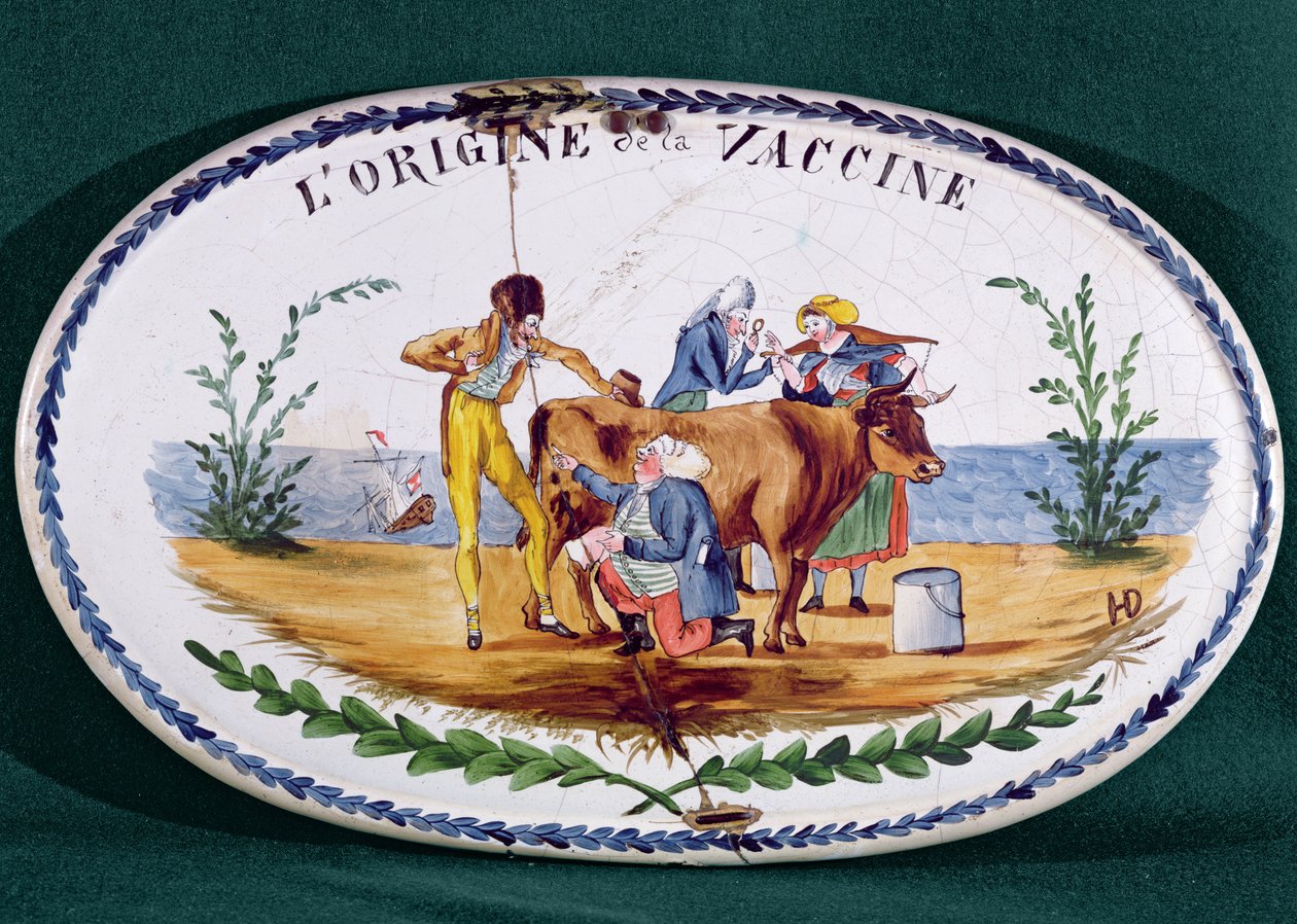Plaquette die de oorsprong van vaccinatie afbeeldt, eind 18e eeuw door French School