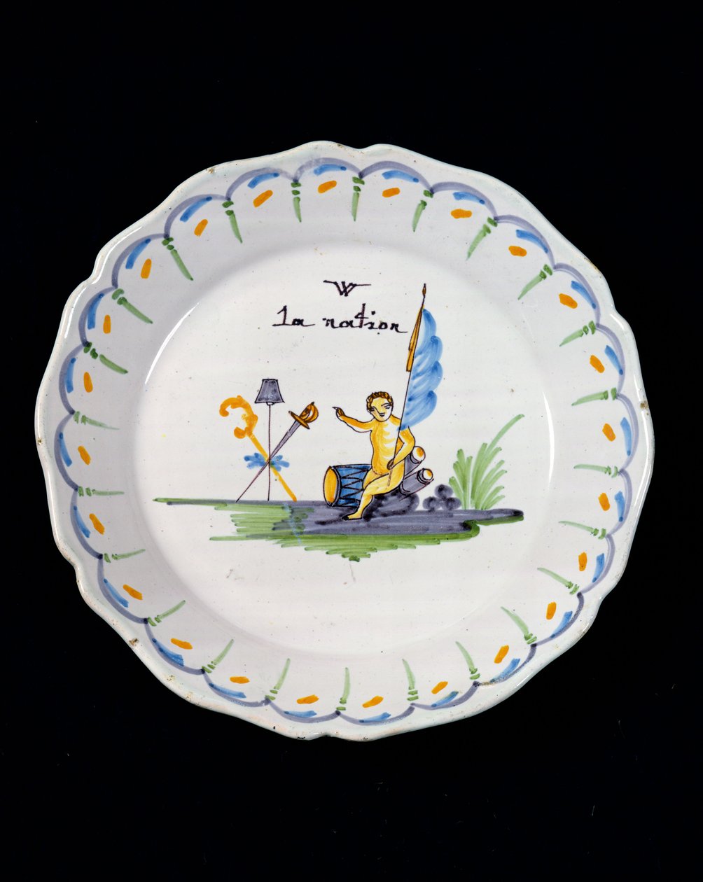 Bord versierd met een genie zittend op een trommel, en de Drie Ordes van de Natie door French School