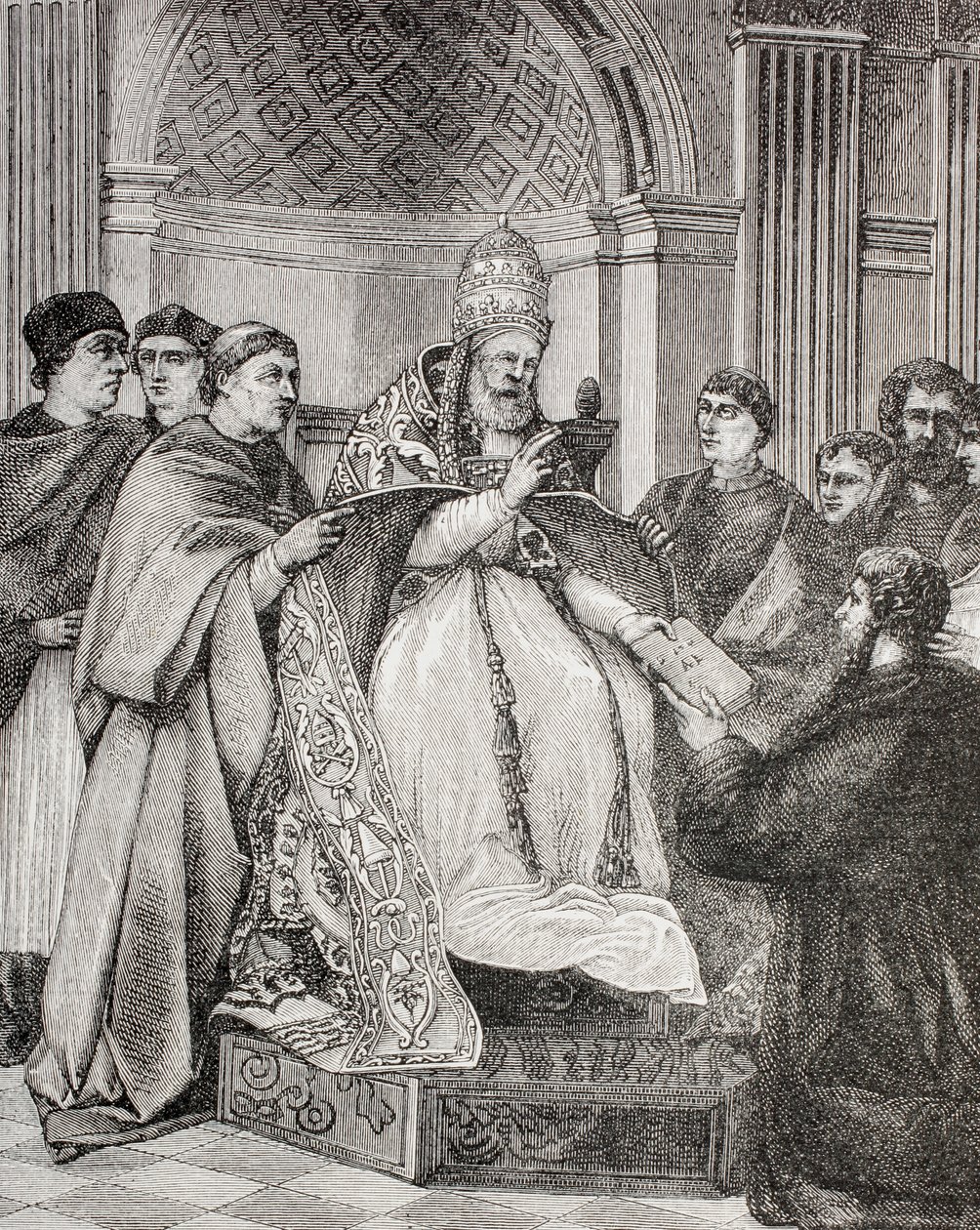 Paus Gregorius IX overhandigt de Decretalen aan een advocaat van het Consistorie, uit 
