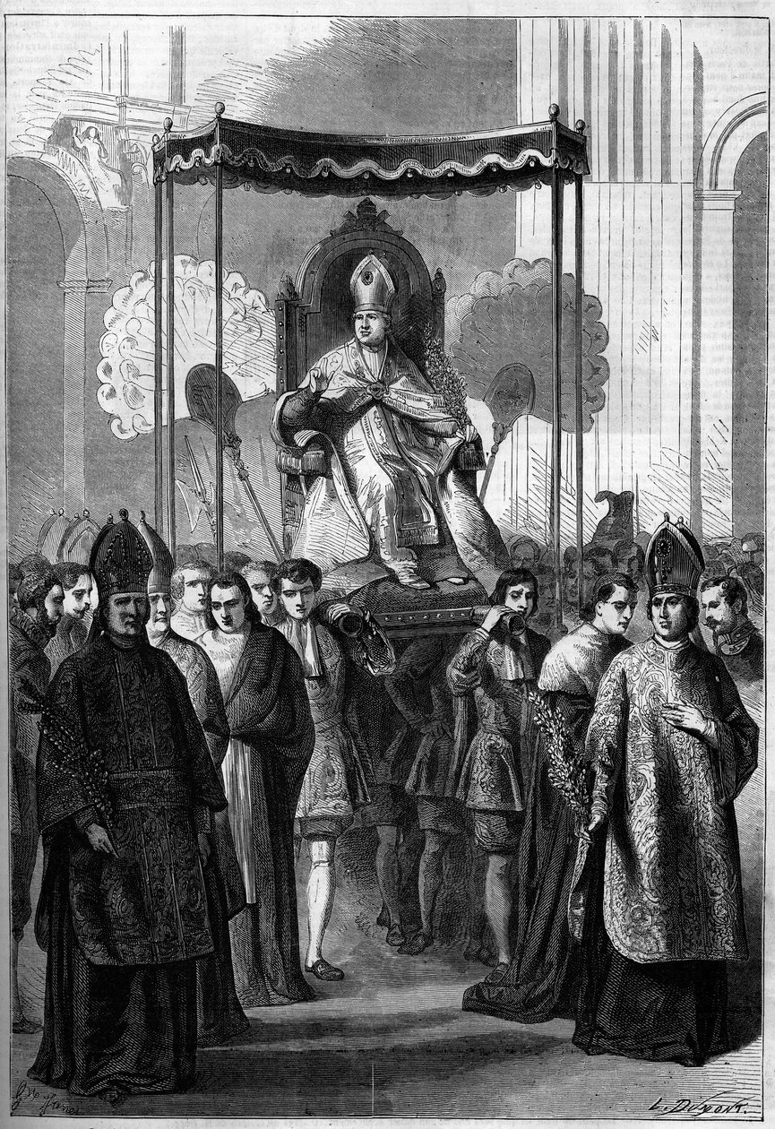 Paus Pius IX (1792-1878) wordt processiegewijs naar de kerk van Sint-Pieter in Rome (Italië) gebracht op Palmzondag in 1861. Gravure in 
