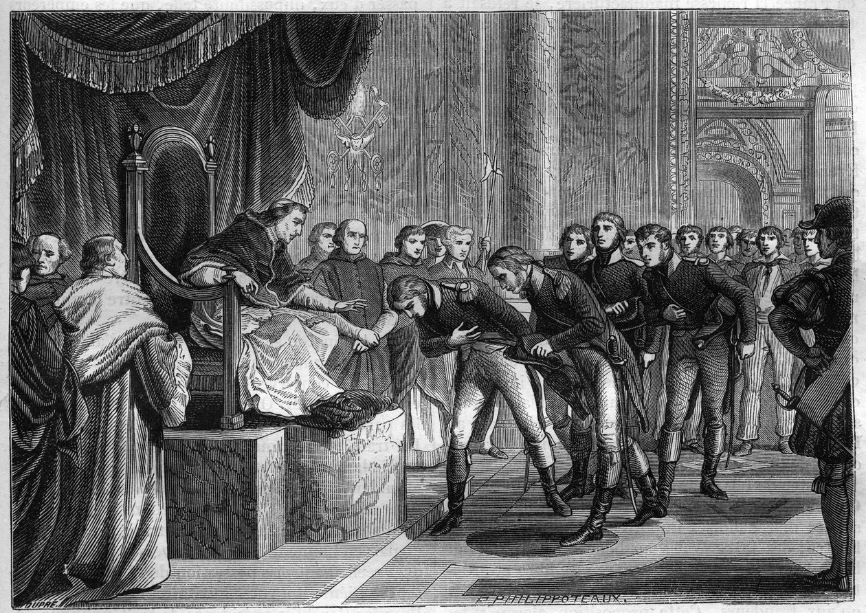 Paus Pius VII (1742-1823) ontvangt in Rome de Franse zeelieden, leden van de bemanningen van de twee brikken "Saint Peter" en "Saint Paul" aangeboden als geschenk aan de paus door Bonaparte, augustus 1802 - Gravure van 1865 in "Histoire du Consulate et de  door French School