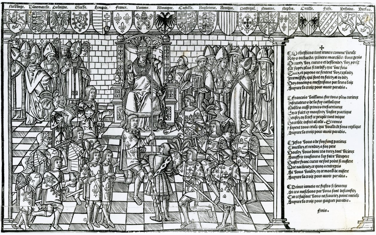 Paus Urbanus II voorzit de Raad van Clermont in 1095 door French School