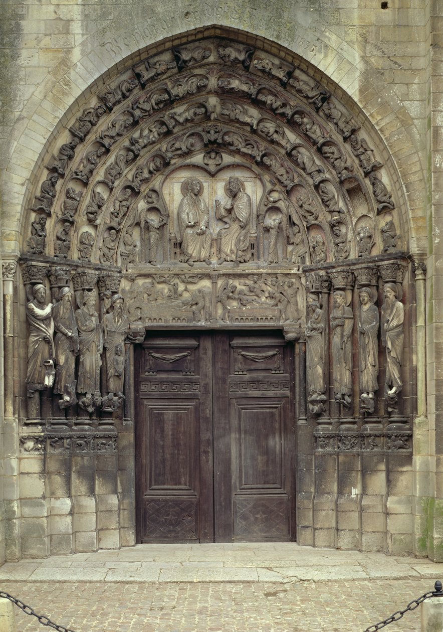 Portaal en omliggende sculpturen met bijbelse figuren en scènes inclusief de graflegging door French School