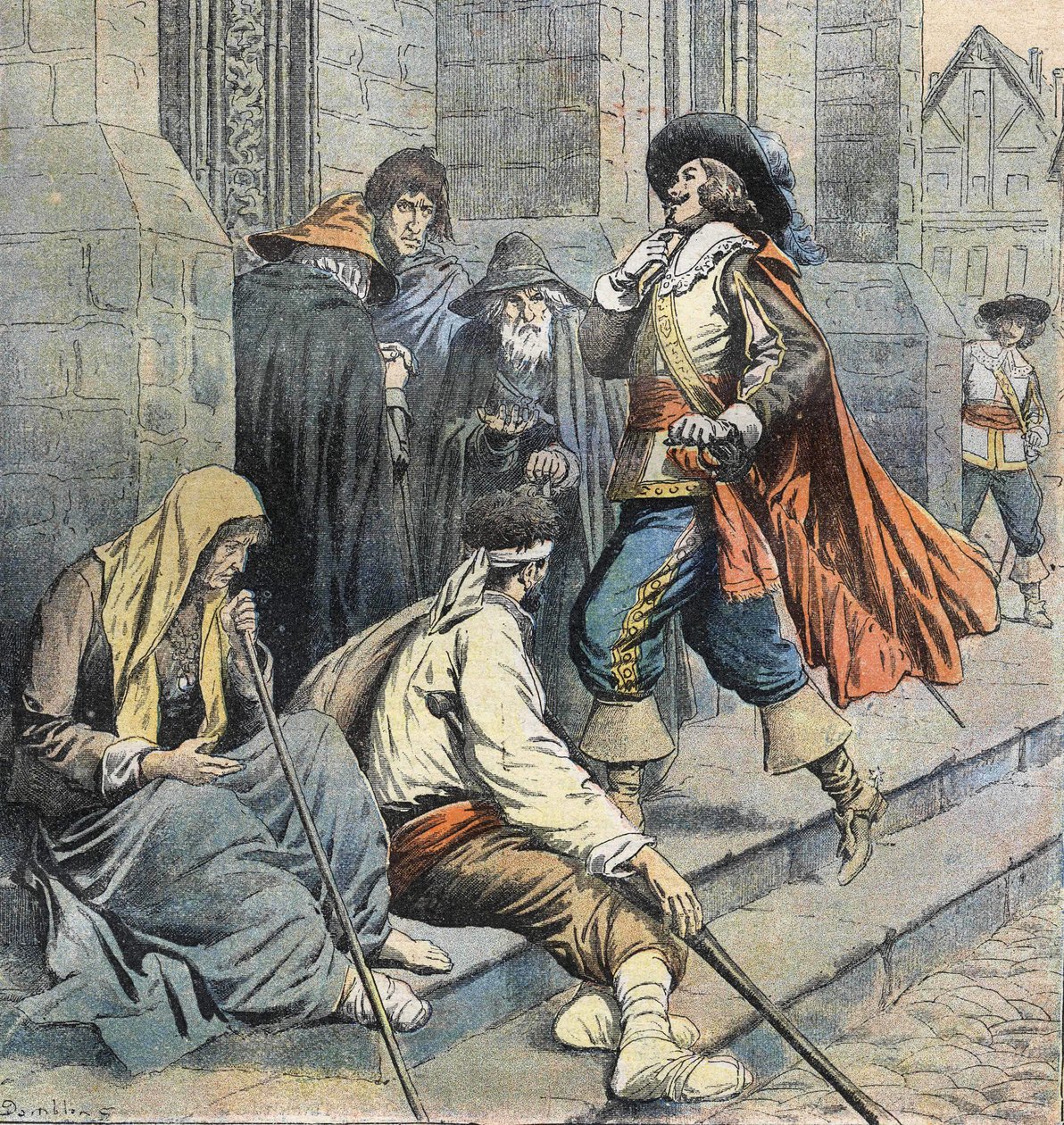 Porthos die terugkeert naar de kerk van Saint Leu wordt gezien door D