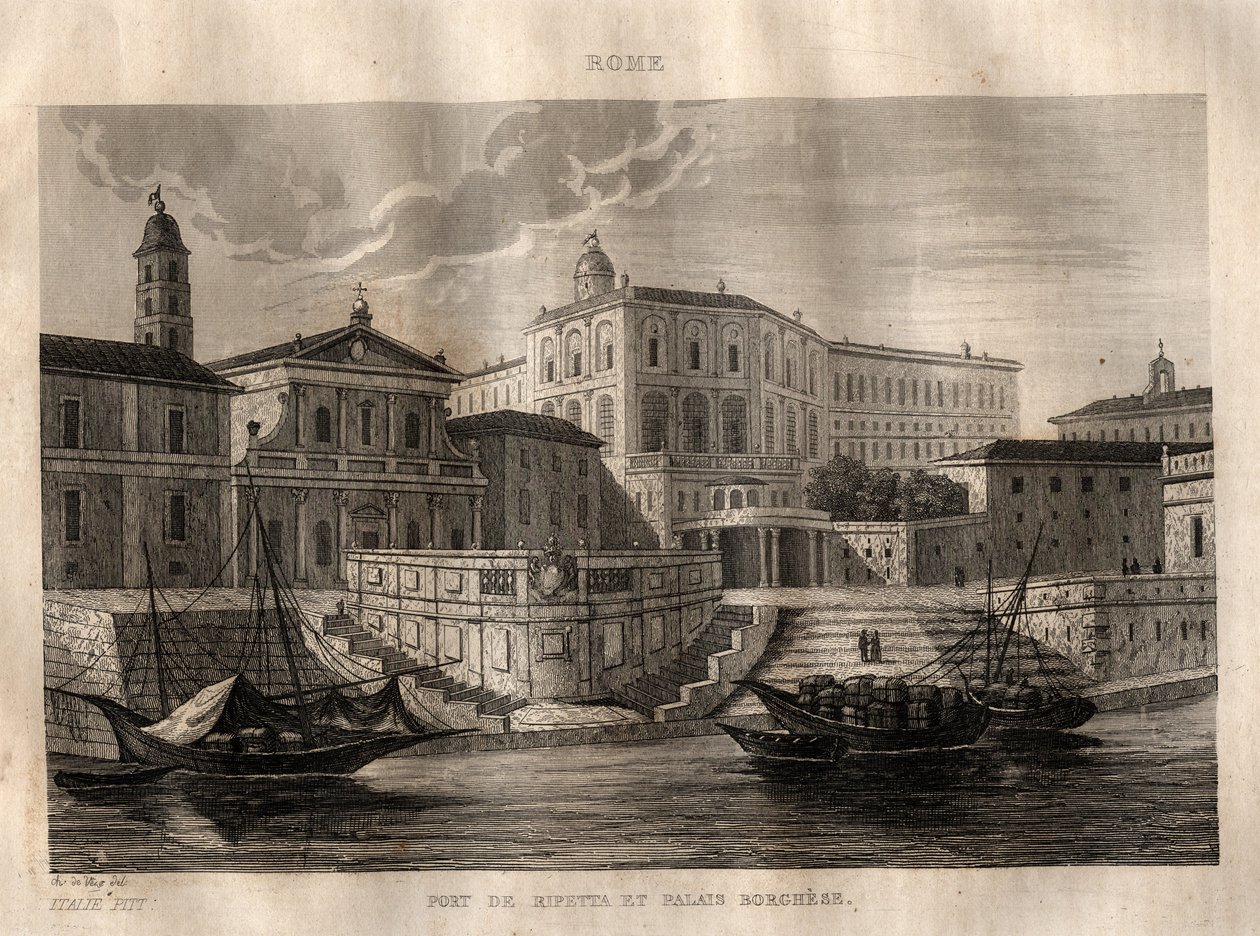 Porto di Ripetta en Palazzo Borghese - Rome - Gravure uit 