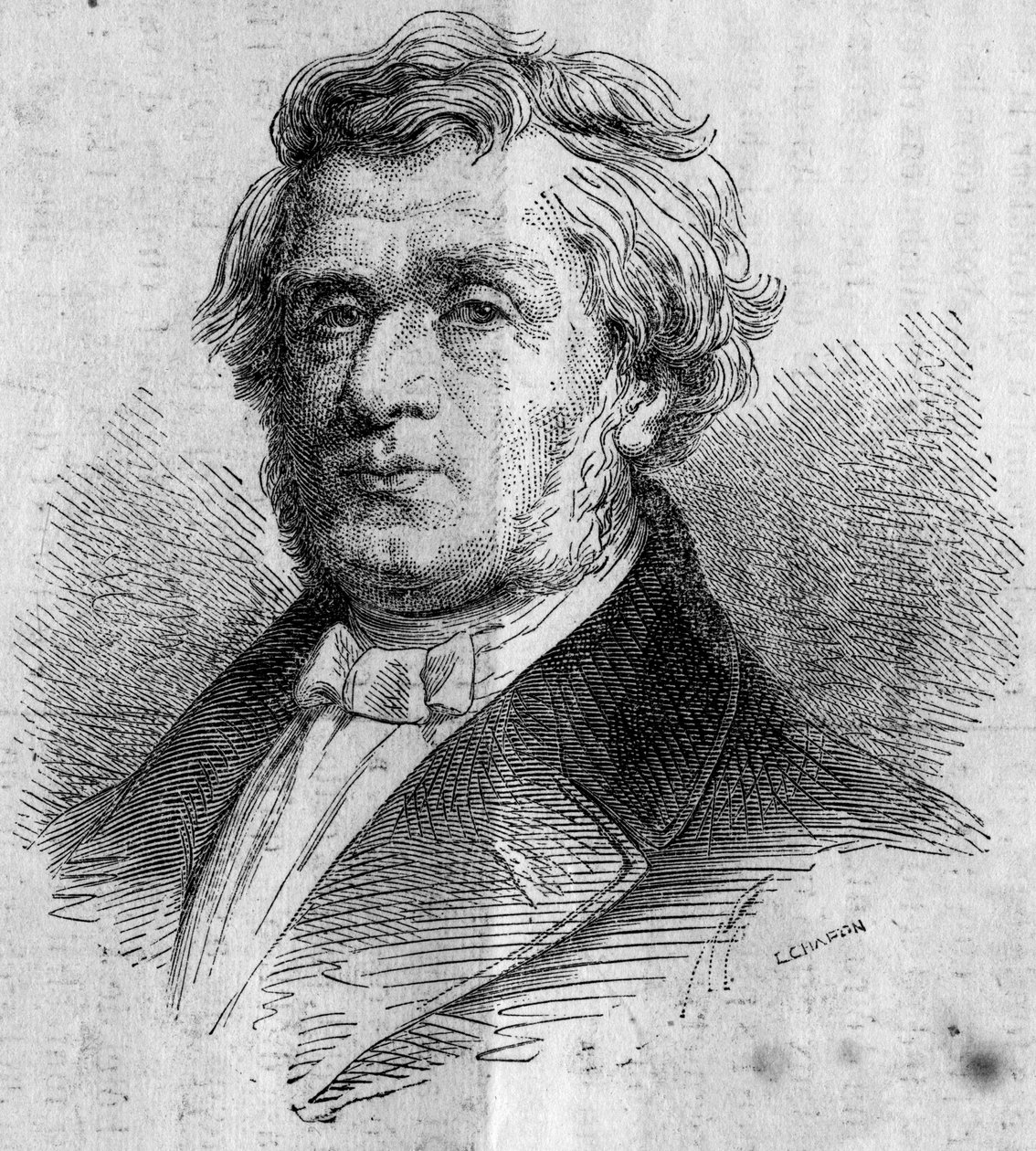 Portret van Alphonse Lavallée (1791-?), zakenman uit Nantes, oprichter van de École Centrale des Arts et Manufactures (of École Centrale Paris) die ingenieurs opleidt. Gravure in "Le Monde Illustré" nr. 346 van 28 november 1863 door French School
