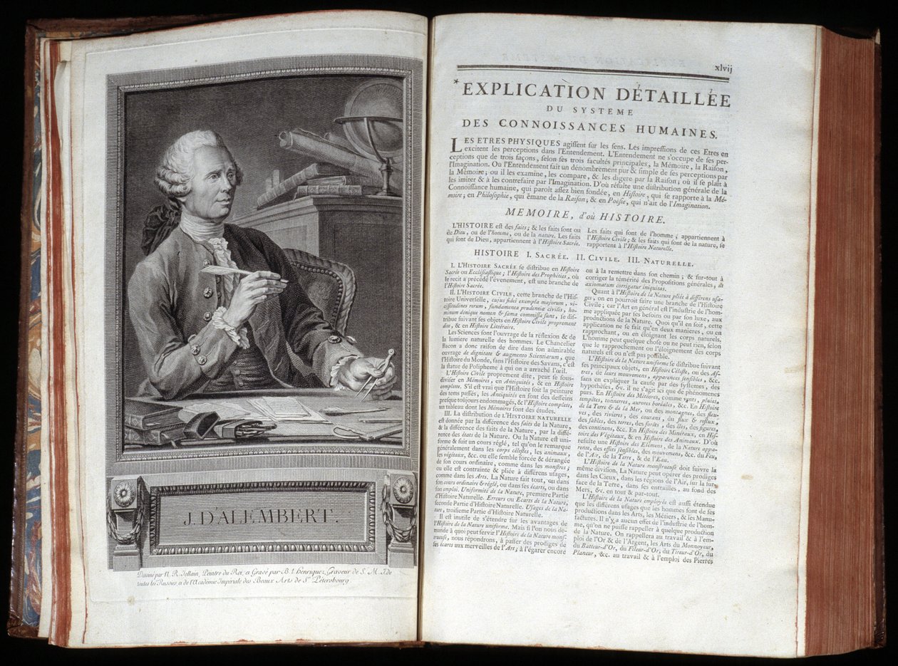 Portret van Alembert en een tekstpagina uit de Encyclopedie van Diderot en Alembert door French School