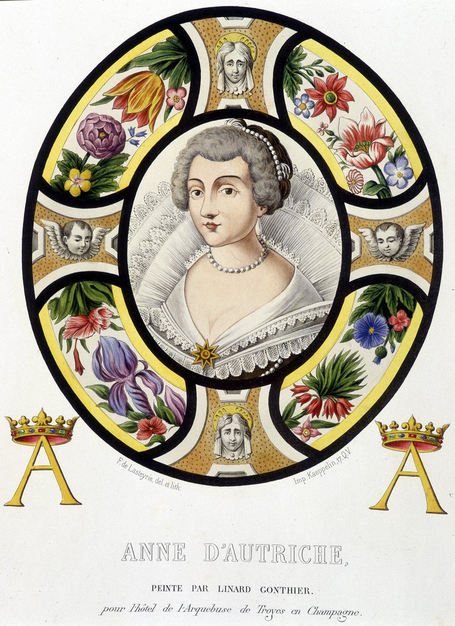 Portret van Anna van Oostenrijk, Koningin van Frankrijk (1601-1666). Facsimile van een glas-in-loodraam uit de Middeleeuwen in 