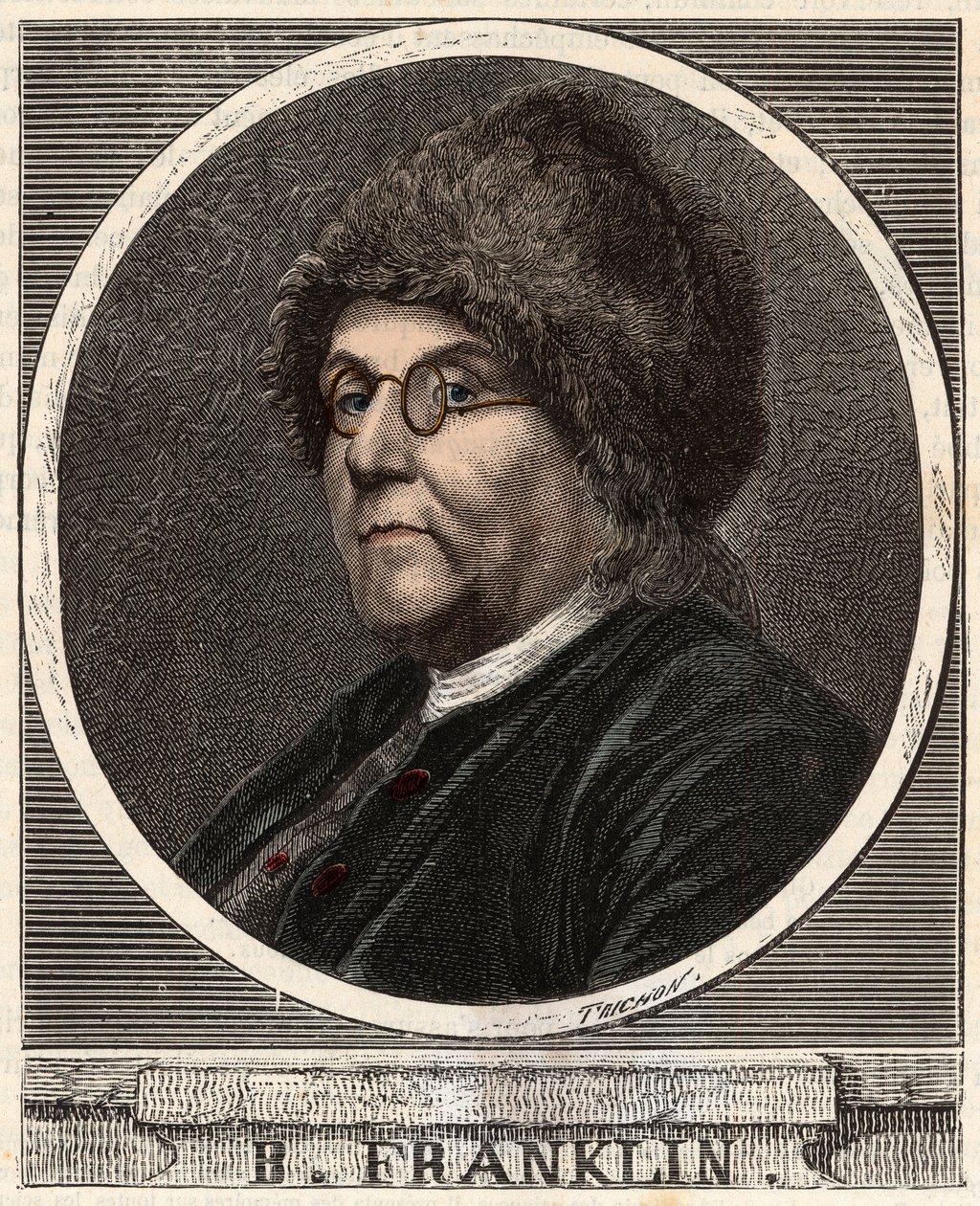 Portret van Benjamin Franklin (1706-1790) Amerikaanse drukker, uitgever, wetenschapper, uitvinder, staatsman en diplomaat - Portret van Benjamin Franklin (1706-1790), Amerikaanse natuurkundige, filosoof en politicus - Gravure in 