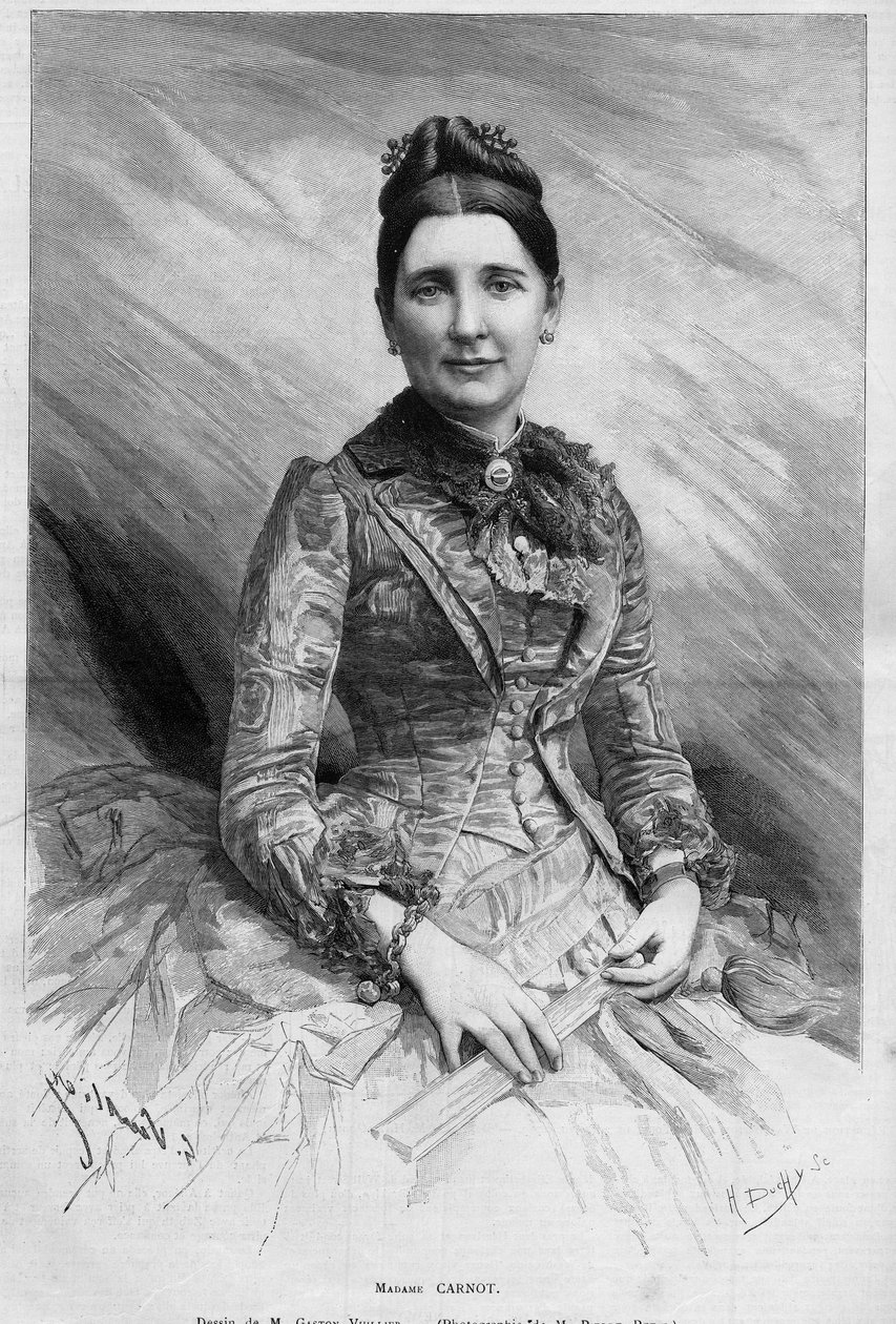 Portret van Cecile Carnot (geboren Dupont-White) (1841-1898), vrouw van Sadi Carnot, president van de Franse Republiek. Gravure in 