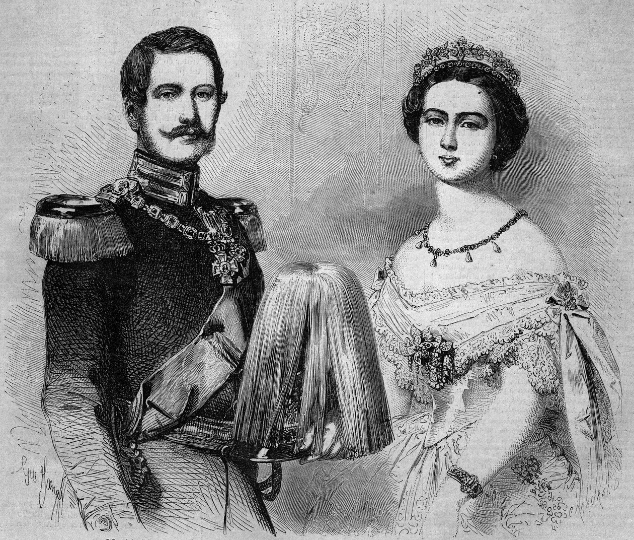 Portret van Frederik Willem van Pruisen (1831-1888, toekomstige Frederik III, koning van Pruisen en Duitse keizer) en zijn verloofde, prinses Victoria van Engeland (1840-1901). Gravure in 