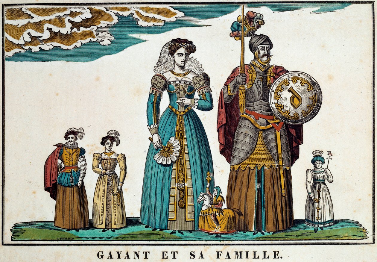 Portret van Gayant, een reus die de stad Douai symboliseert, afgebeeld met zijn familie: zijn vrouw, Marie Cagenon, en zijn drie kinderen, Jacquot, Fillon en Binbin. 18e-eeuwse gravure, beeldvorming door Belfort. Ferrand Collectie door French School