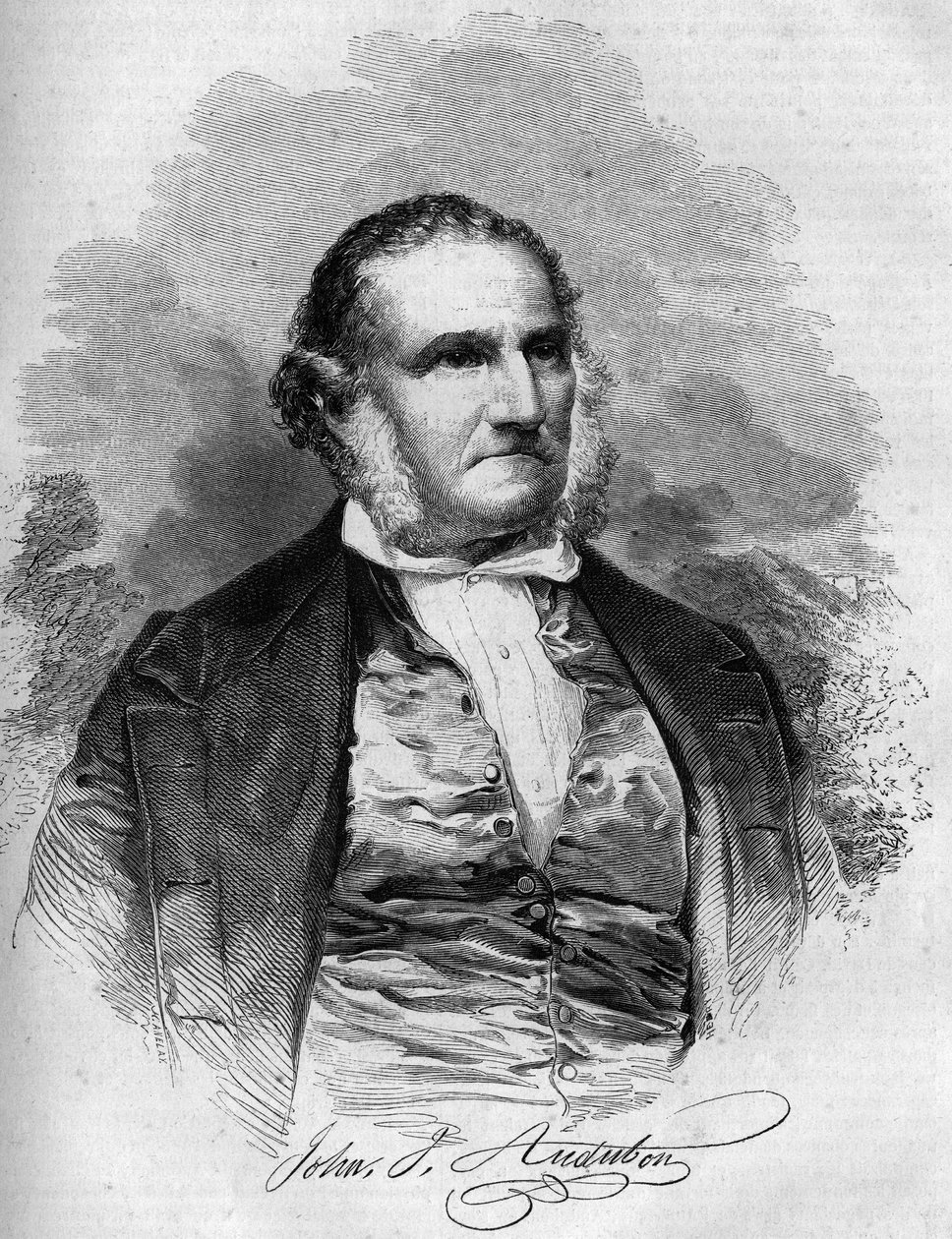 Portret van John James Audubon (1780-1851), Amerikaanse ornitholoog. Gravure in 