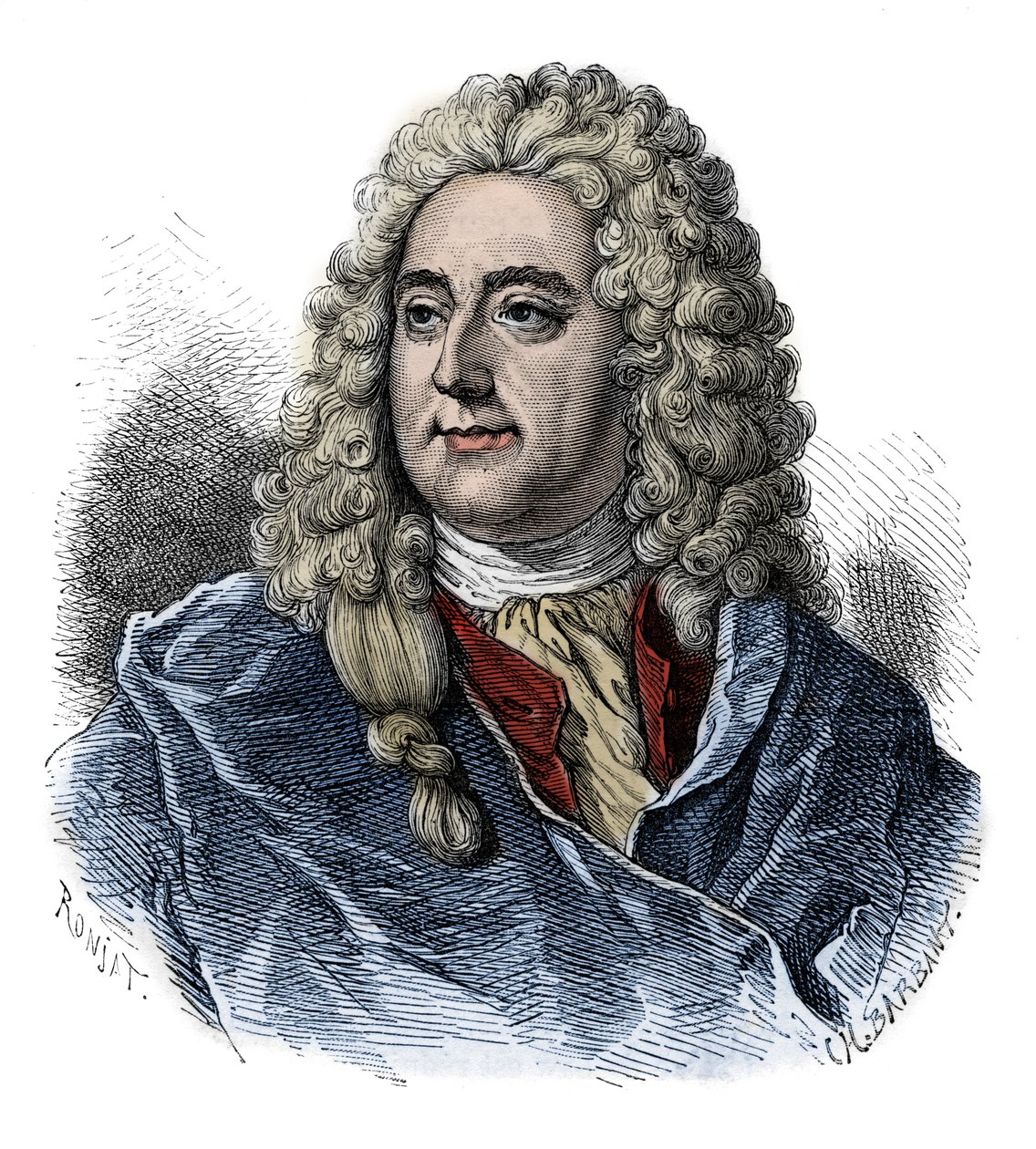 Portret van John Law, Schotse financieel verantwoordelijke voor het faillissement - gravure uit L