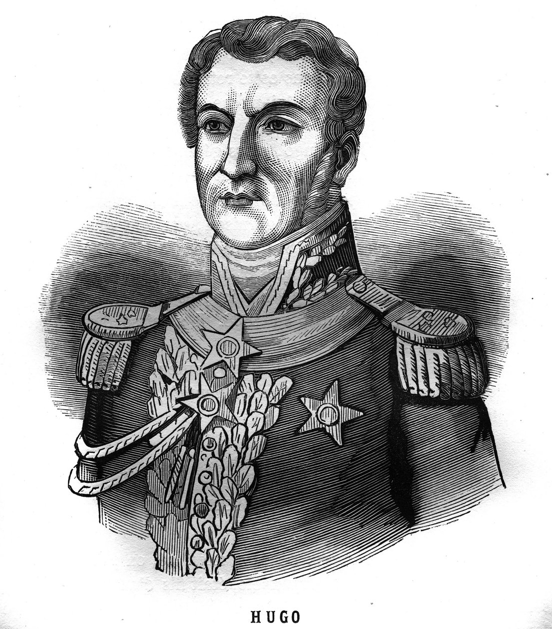 Portret van Joseph Leopolde Sigisbert Hugo (1773-1828), generaal van het Eerste Keizerrijk, vader van Victor Hugo. Gravure in 