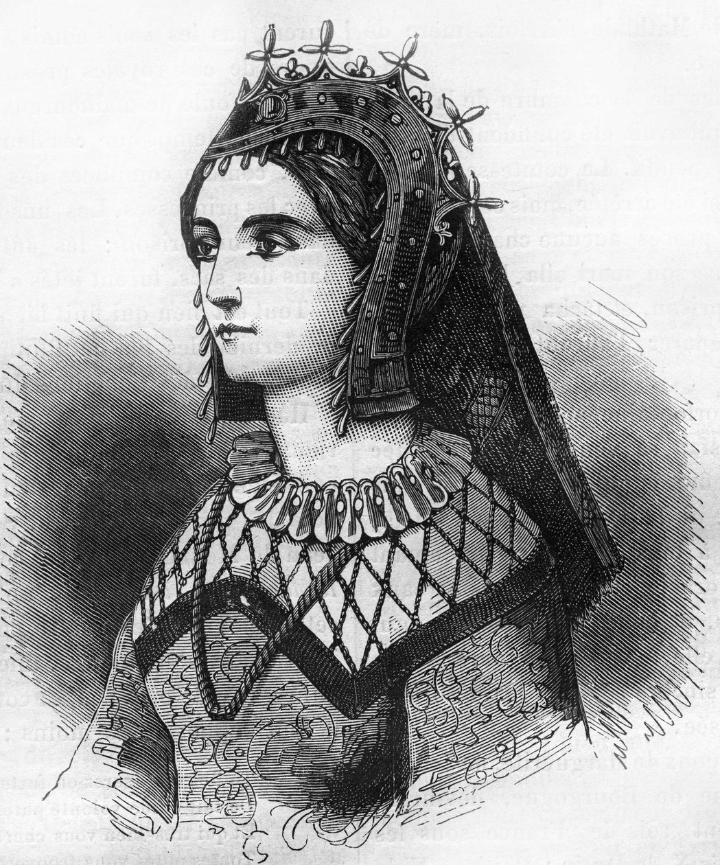 Portret van Judith van Frankrijk (843-870), koningin van Wessex en vervolgens gravin van Vlaanderen. Gravure in 