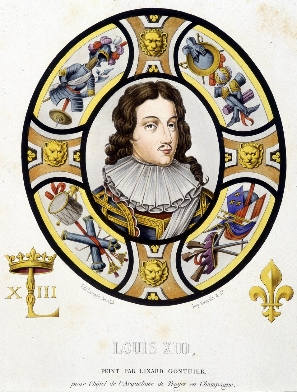 Portret van Lodewijk XIII Koning van Frankrijk (1601-1643). Facsimile van een glas-in-lood uit de Middeleeuwen in “Histoire de la peinture sur verre” by Ferdinand de Lasteyrie door French School