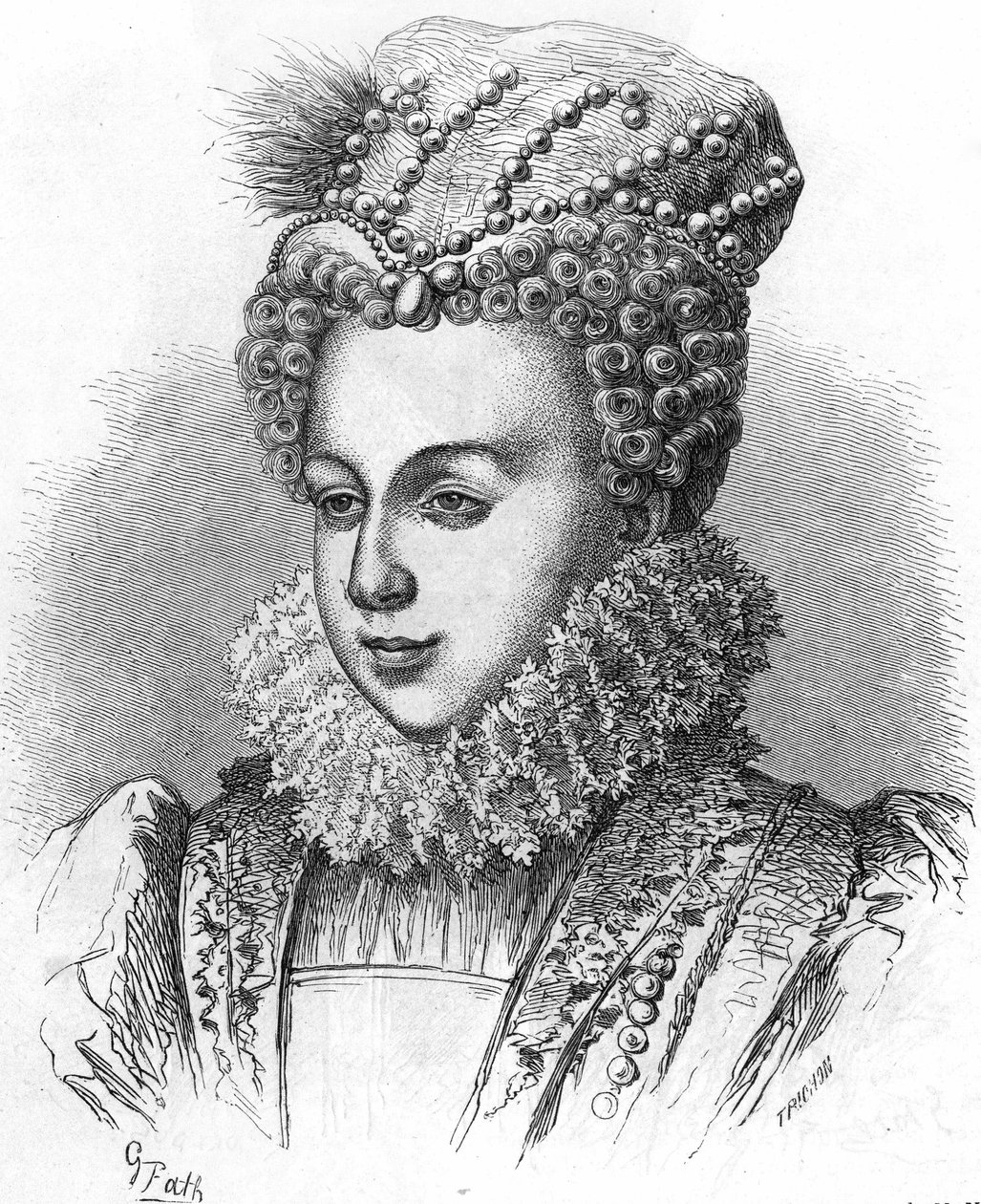 Portret van Margaretha van Valois, bekend als koningin Margot (1553-1615), echtgenote van Hendrik IV. In “Histoire Populaire de la France”, ca. 1885. Gravure. door French School