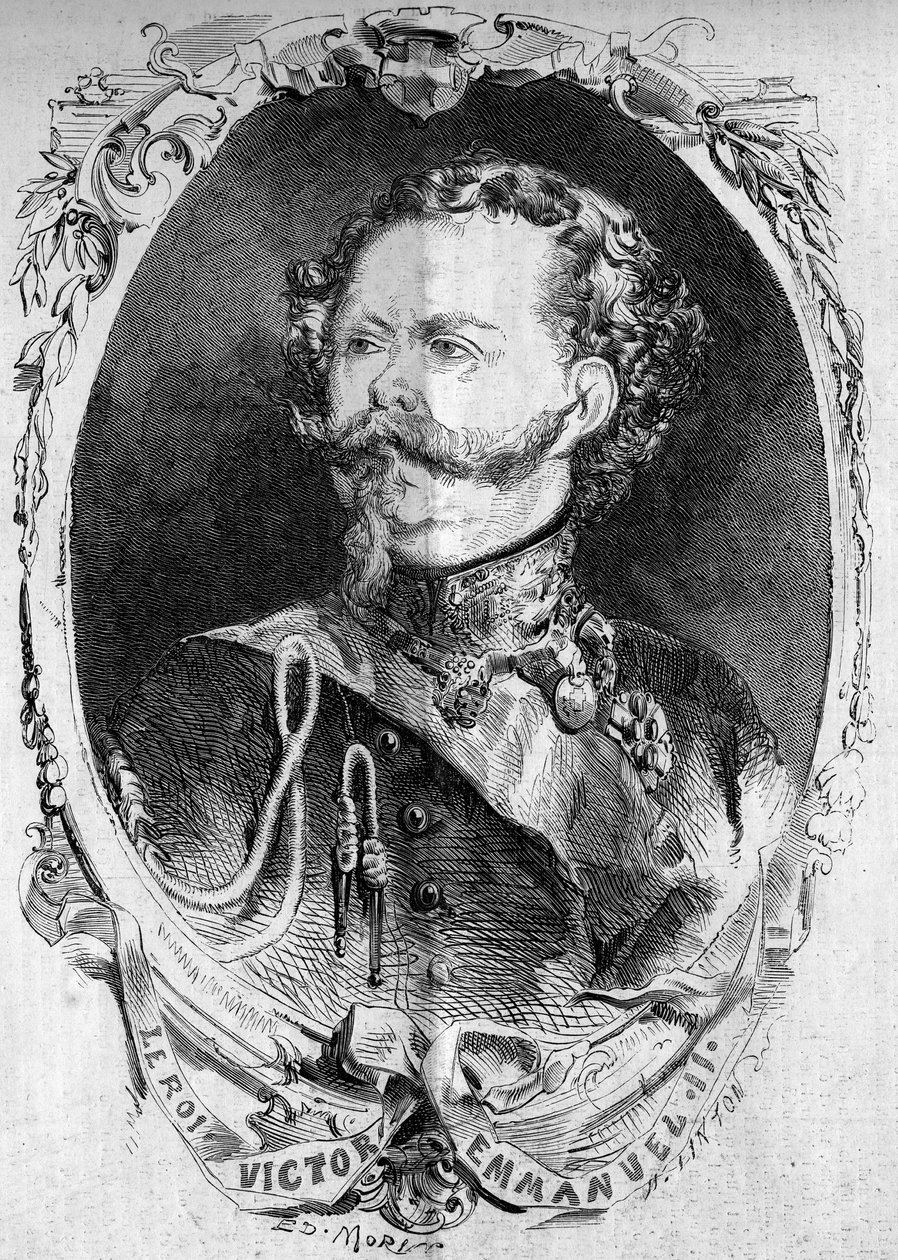 Portret van Victor Emmanuel II (Vittorio Emanuele) (Victor-Emmanuel) (1820-1878), koning van Sardinië en toekomstige koning van Italië. Gravure in “Le Monde Illustré” nr. 95 van 5 februari 1859. door French School