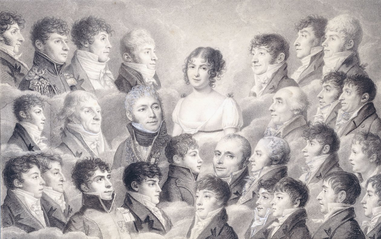 Portret van een jonge dame omringd door haar bewonderaars door French School