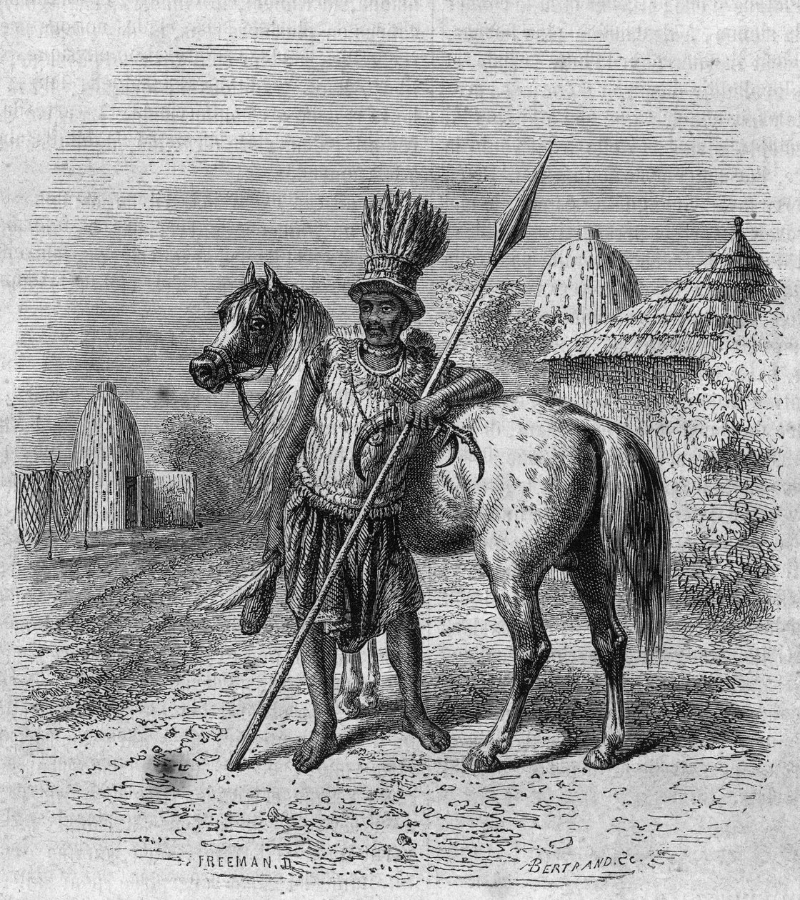 Portret van een leider van de Mousgou-stam in Centraal-Afrika, midden 19e eeuw. Gravure door Freeman in 