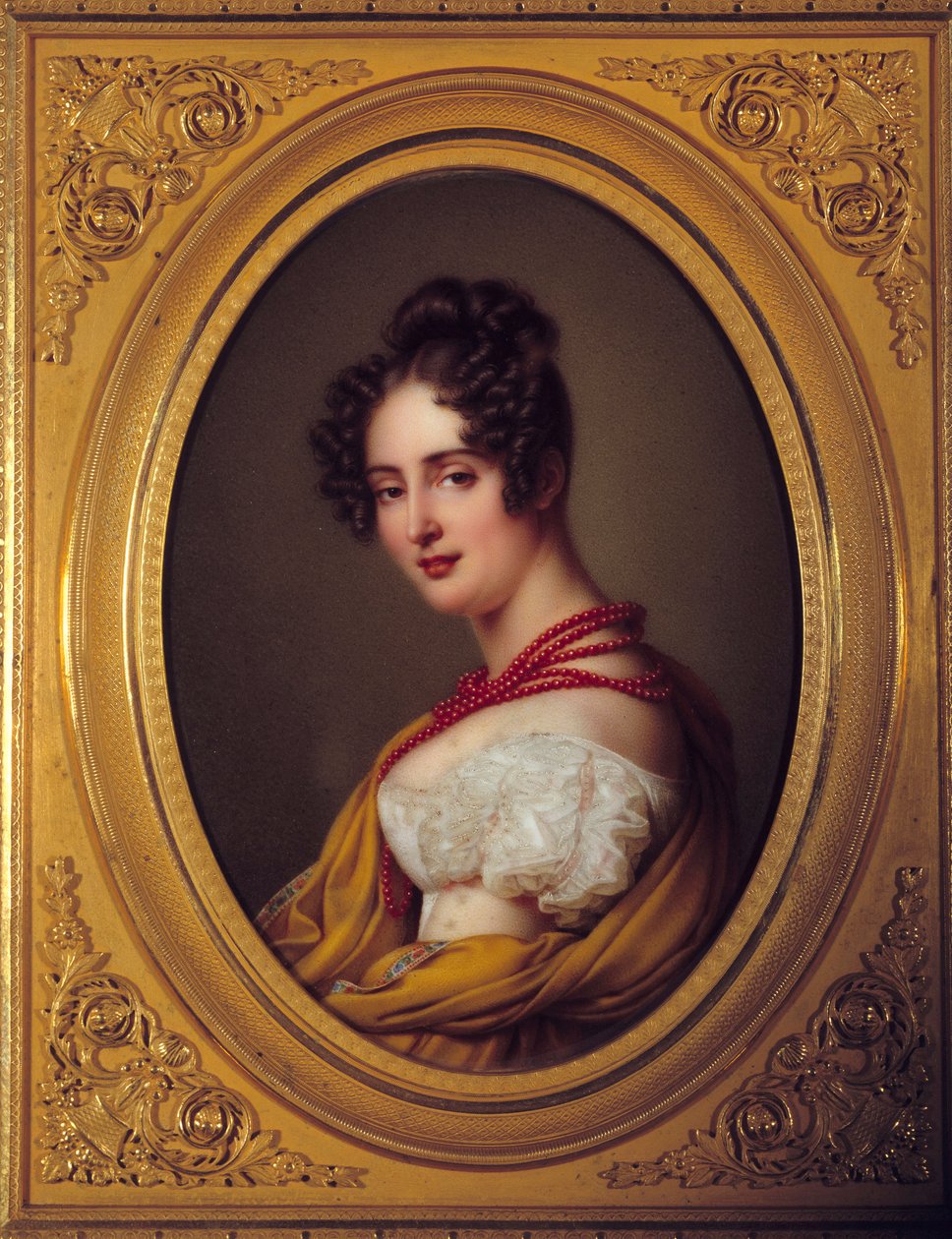 Portret van een jonge vrouw met een rode ketting door French School