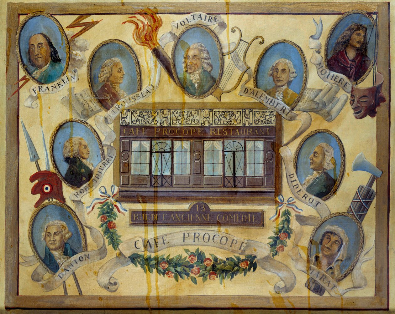Portret van historische figuren en uitzicht op het Parijse café Le Procope: Benjamin Franklin, Jean Jacques Rousseau, Voltaire, Jean D