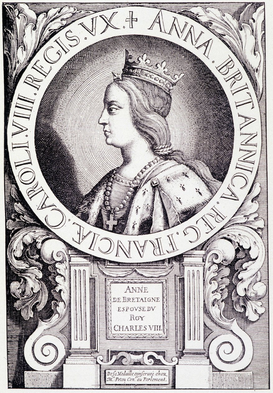 Portret van de koningin van Frankrijk Anne van Bretagne (1477-1514). Gravure uit Louis XII et Anne de Bretagne door Paul Lacroix, ed. Georges Hurtrel door French School