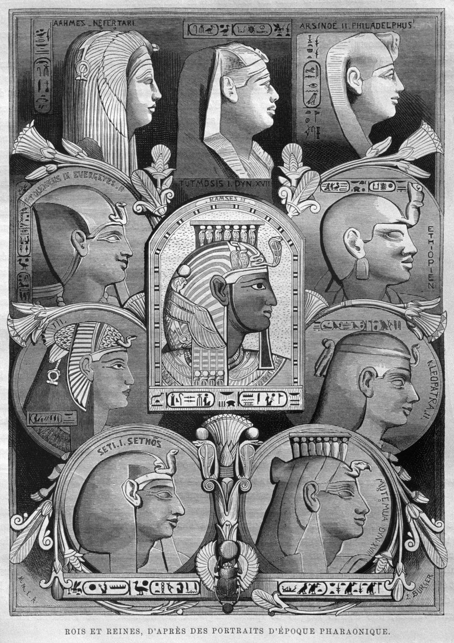Portretten van oude Egyptische koninginnen en koningen, uit LEgypte van Georg Moritz Ebers (1837-98), 1881 door French School