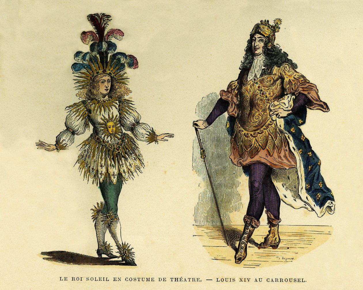 Portretten van koning Lodewijk XIV (1638-1715), in theaterkostuum en carrousel. Kleuren gravure, in 