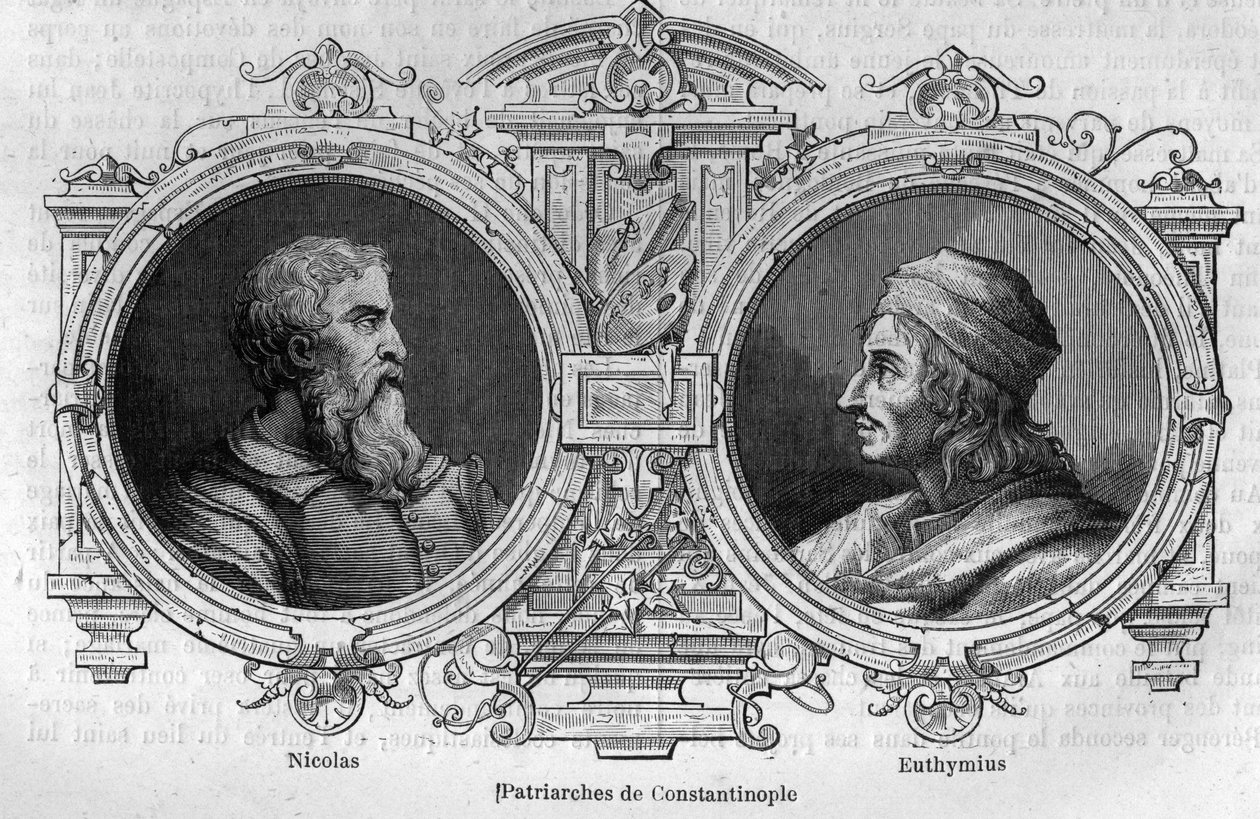 Portretten van Nicolaas de mysticus (10e eeuw) en Euthymius van Athos (955-1028), patriarchen van Constantinopel. Gravure in 