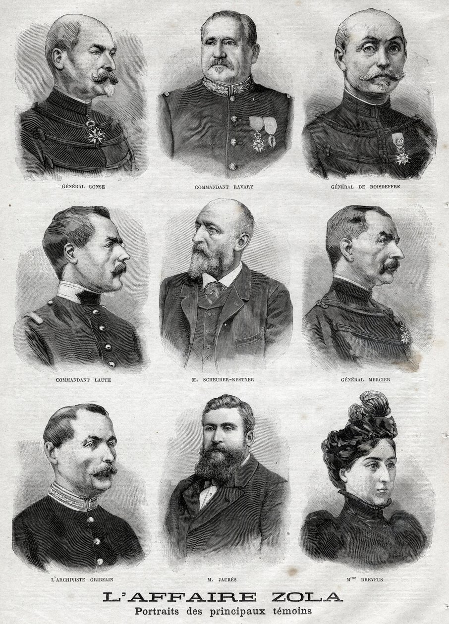 Portretten van de belangrijkste getuigen in de Dreyfus-Zola-affaire in Le Petit Journal, 27 februari door French School
