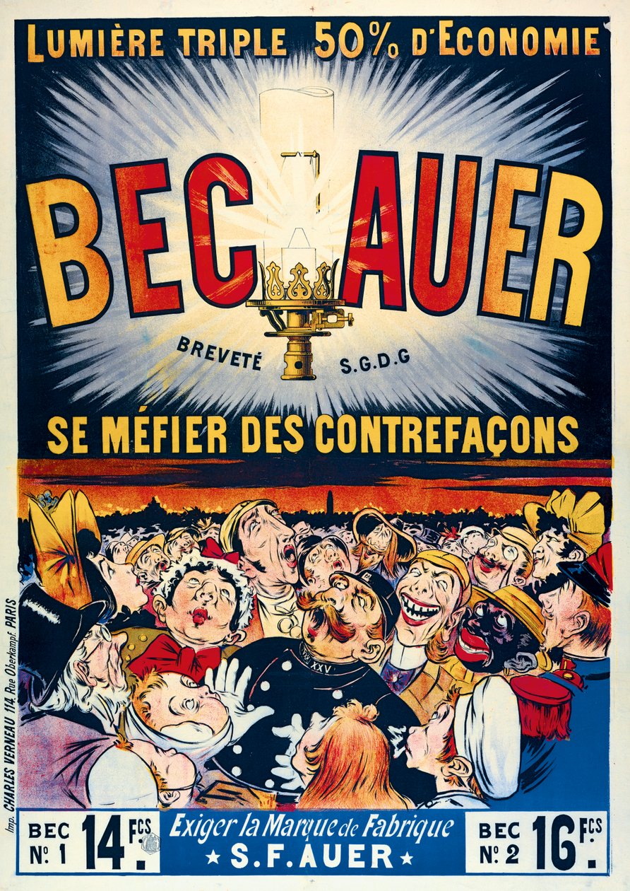 Poster die Becauer petroleumlampen adverteert, gedrukt door Charles Verneau, 1890 door French School