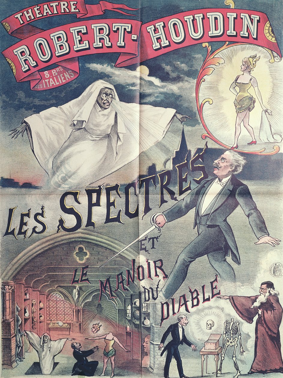 Poster die Geesten en het Huis van de Duivel adverteert in het Theatre Robert-Houdin, Parijs, c.1870 door French School