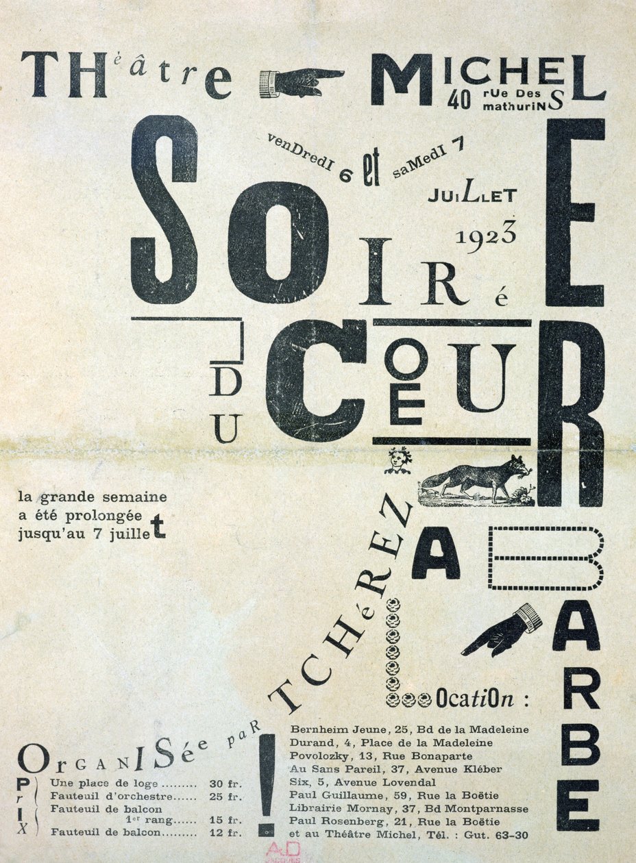 Poster ter promotie van Soiree du Coeur a Barbe in het Theatre Michel 6 en 7 juli 1923 door French School