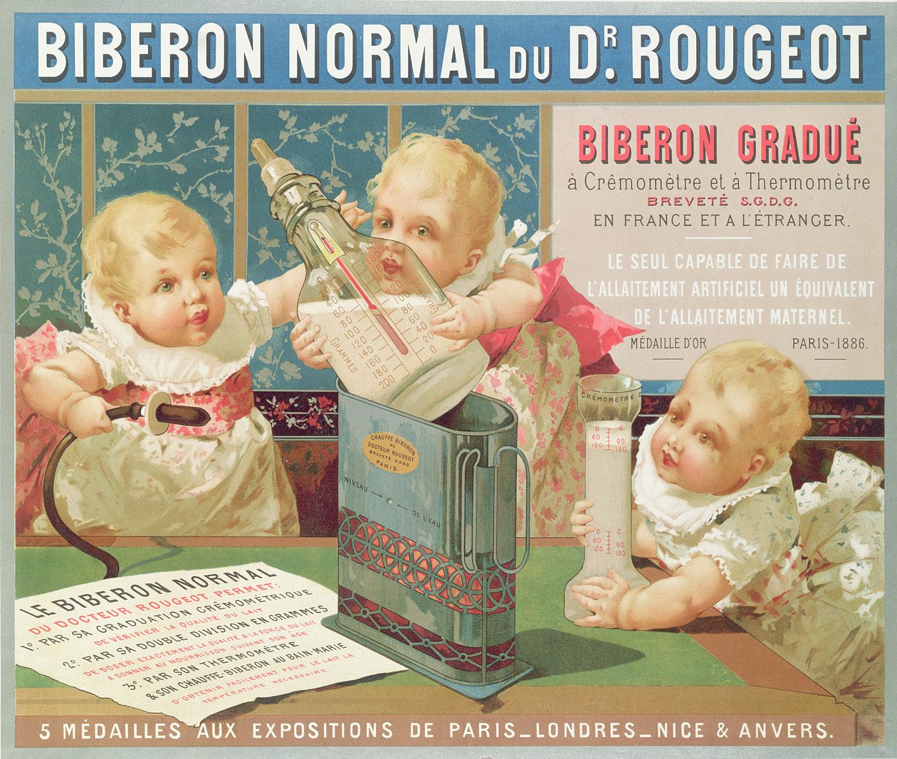 Poster die een gegradueerde fles ontworpen door Dr. Rougeot, 1887, adverteert door French School