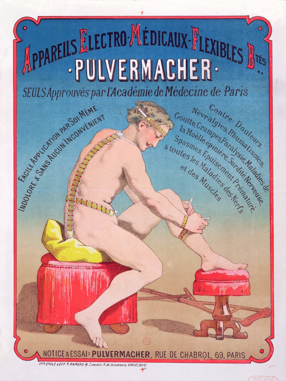 Poster die een Elektro-Medische lichaamsmassage- en stimulatiemachine Pulvermacher adverteert, 1884 door French School