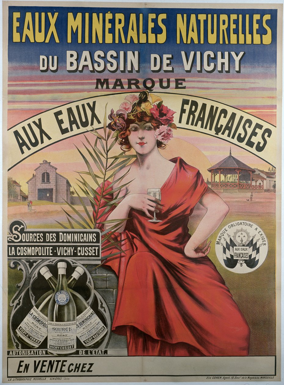 Poster die les eaux minerales naturelles du bassin de Vichy adverteert, natuurlijk mineraalwater door French School