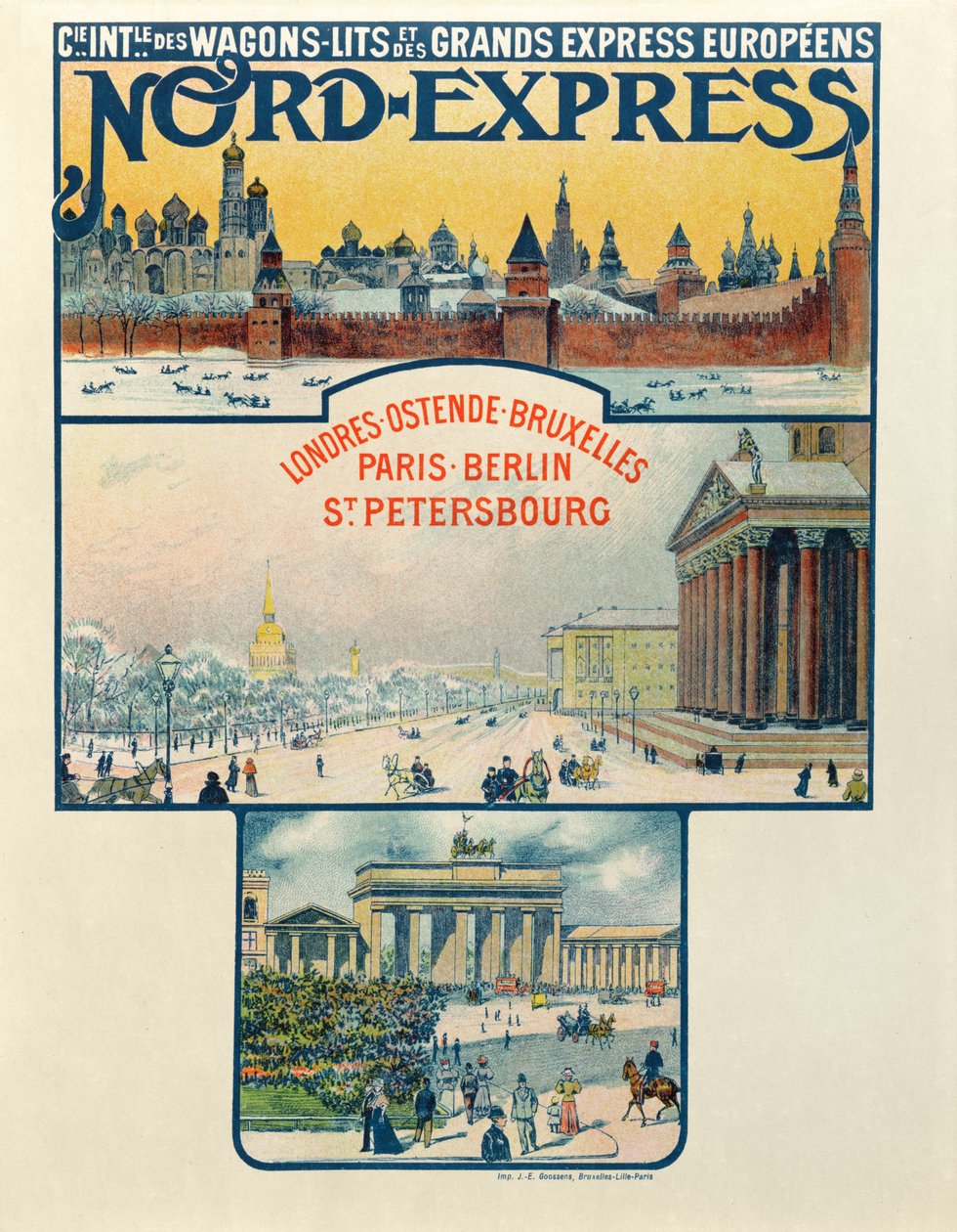 Poster die de Compagnie des Wagons-Lits et des Grands Express Europeens adverteert, Londen naar Sint-Petersburg, begin 20e eeuw door French School