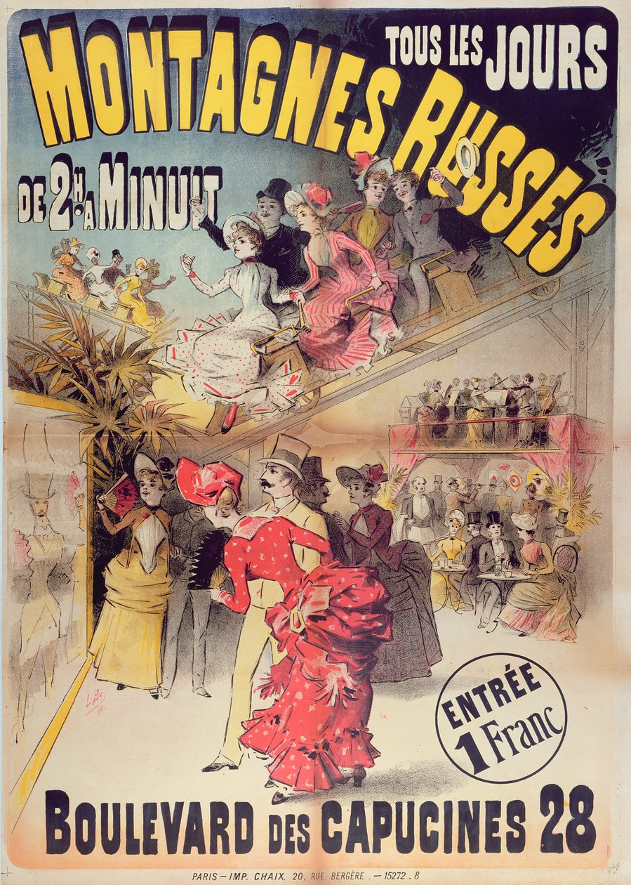 Poster die de Montagnes Russes Roller Coaster in de Boulevard des Capucines, Parijs, 1888, adverteert door French School