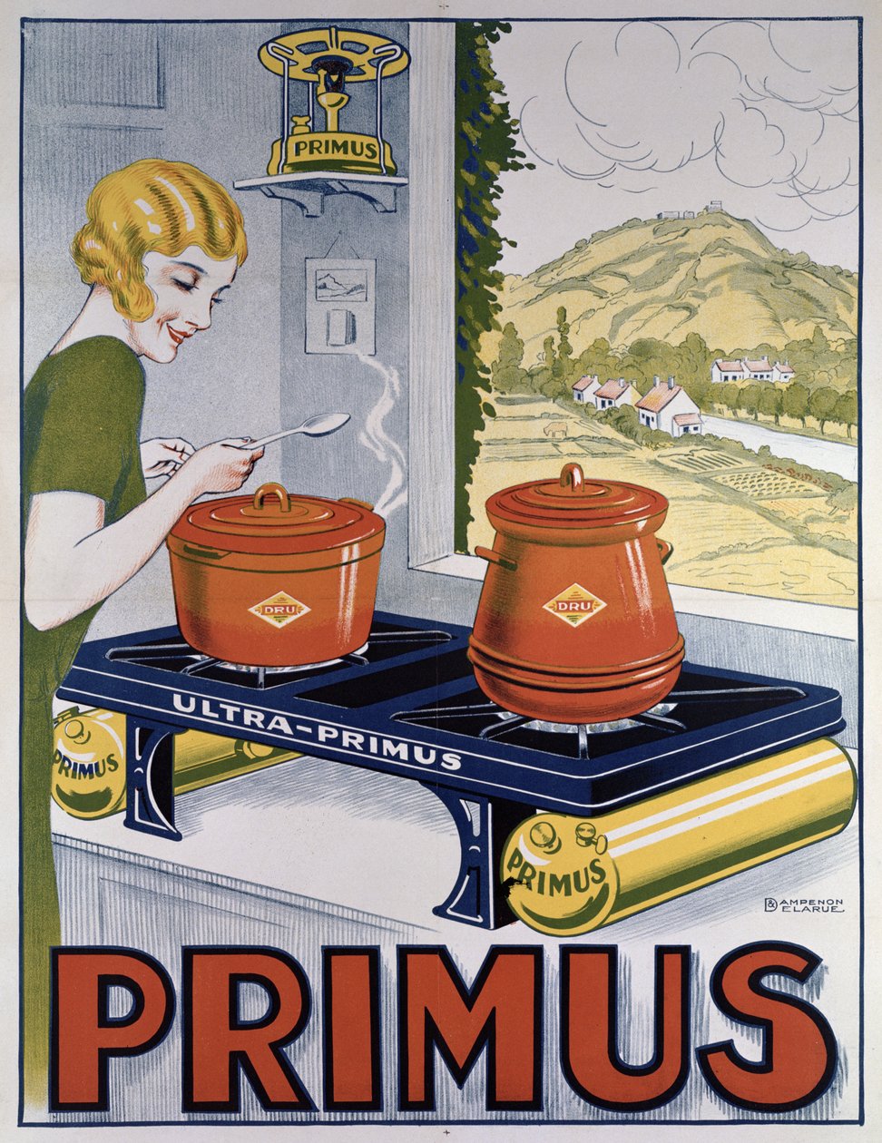 Poster die de Primus kookplaat adverteert, gedrukt door Dampenon & Elarue door French School